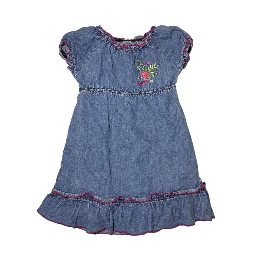 Barbie Y2K 2003 Denim Floral Embroidered Logo Girls Dress